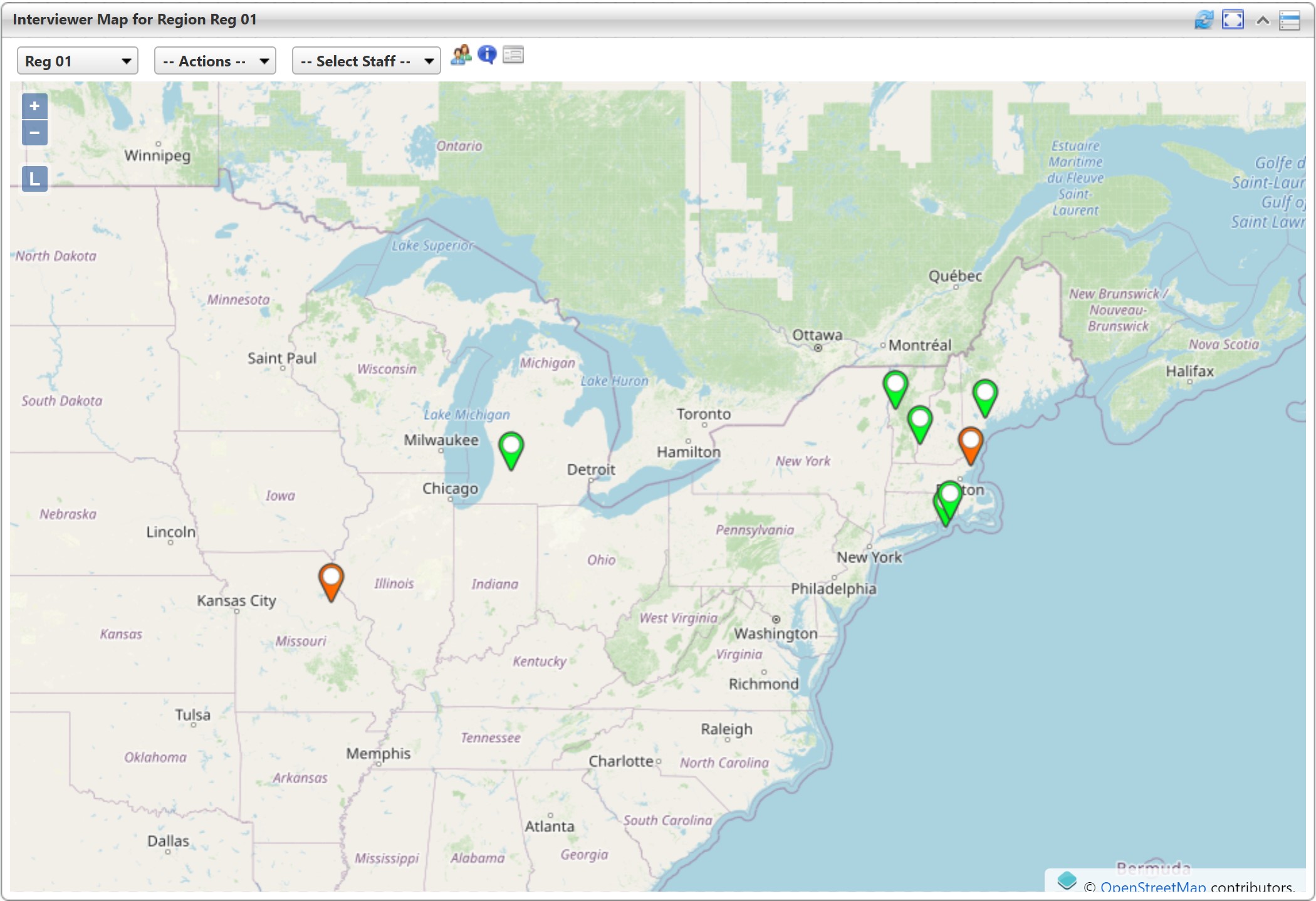 Map of staff based on GPS location data