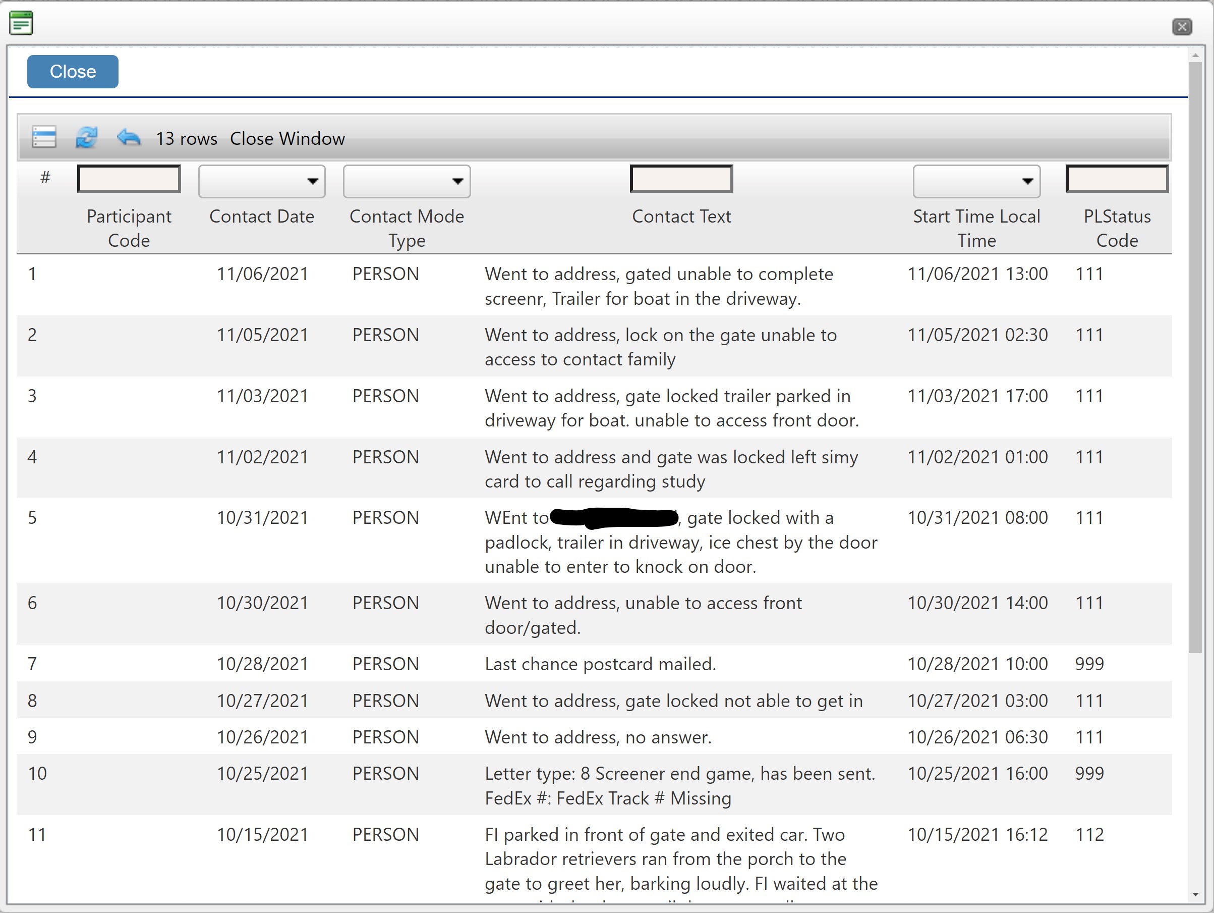 Electronic Record of Contact list for the selected anomaly